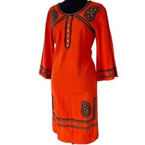 Vintage 70s Nitya Orange Green Cotton Mirror Bell Sleeve Kaftan Dress XS Small